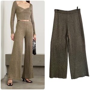STAUD Sz Large Daisy Metallic Stretch-Knit Wide-Leg Pants Olive Green Boho Lurex